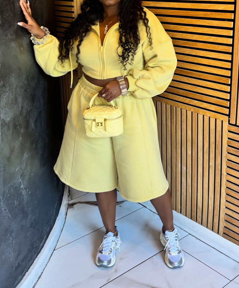 Chic Yellow Crop Hoodie & Bermuda Shorts Set