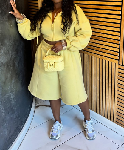 Chic Yellow Crop Hoodie & Bermuda Shorts Set