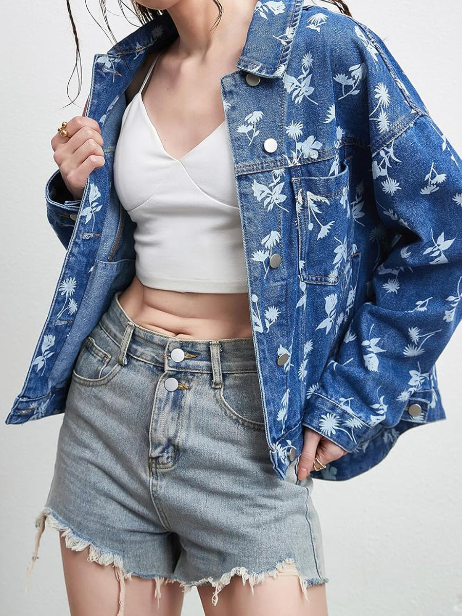 Printed Oversized Button Down Denim Jacket