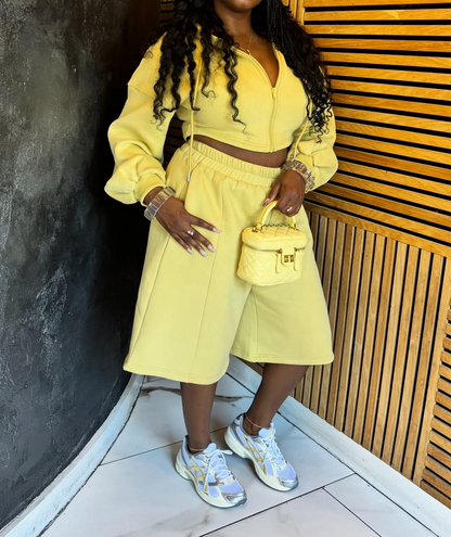 Chic Yellow Crop Hoodie & Bermuda Shorts Set