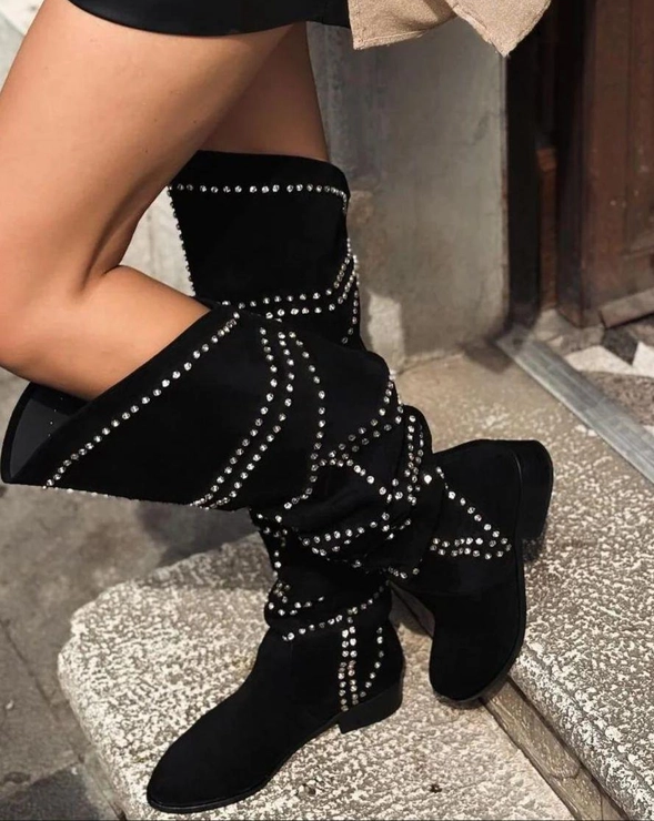 Black suede stone detail boots