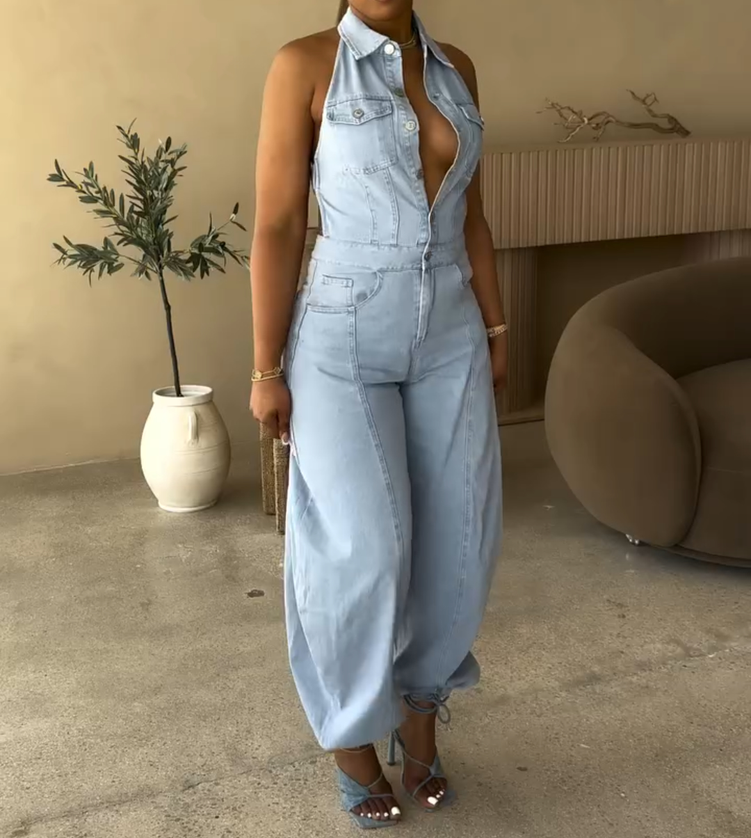 Lapel jeans jumpsuit