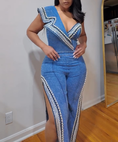 LUXURIOUS DENIM ASYMMETRICAL PEARL BODYSUIT