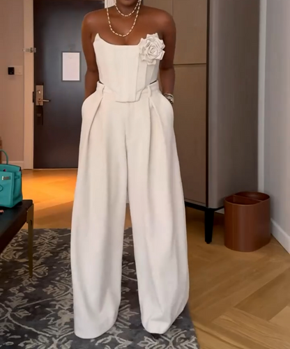 Waist-hugging top + wide-leg pants two-piece set