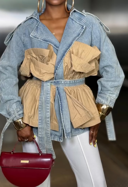 Contrast ruffled lace-up denim jacket