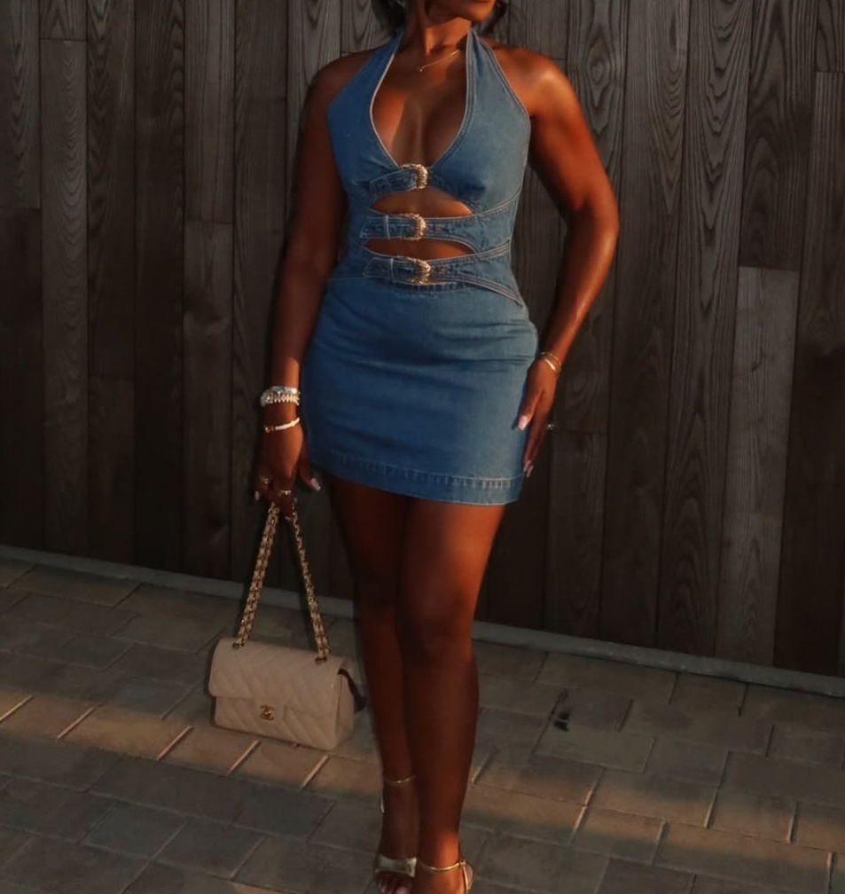 Sexy halterneck denim skirt