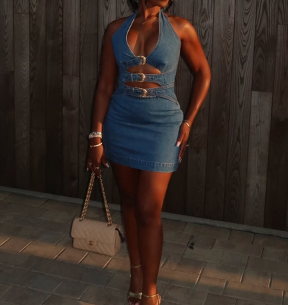 Sexy halterneck denim skirt