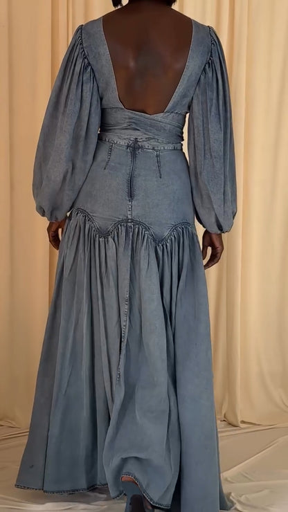 Long-sleeved denim skirt suit