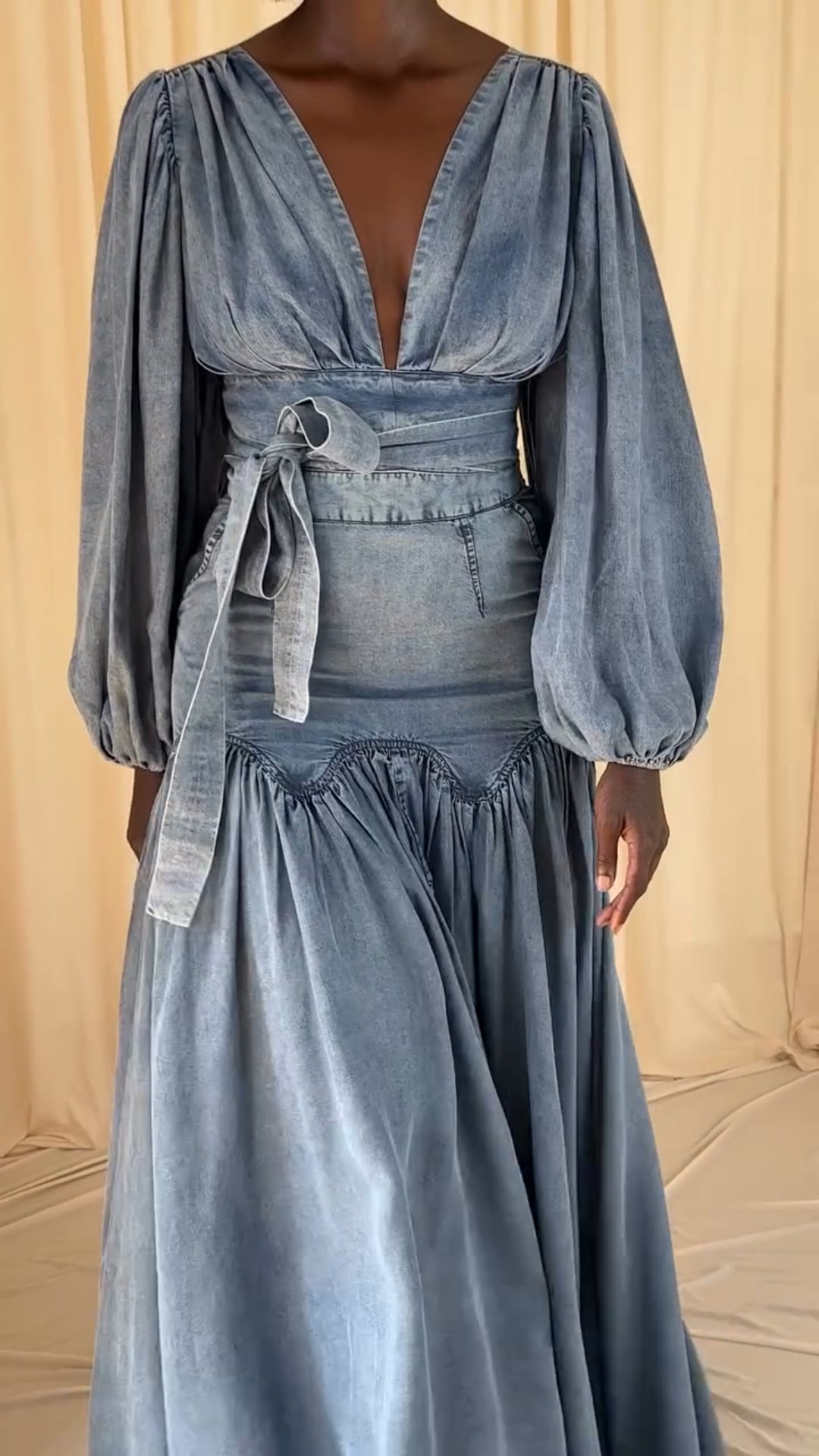 Long-sleeved denim skirt suit