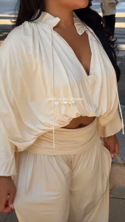 V-neck top + drape pants two-piece set