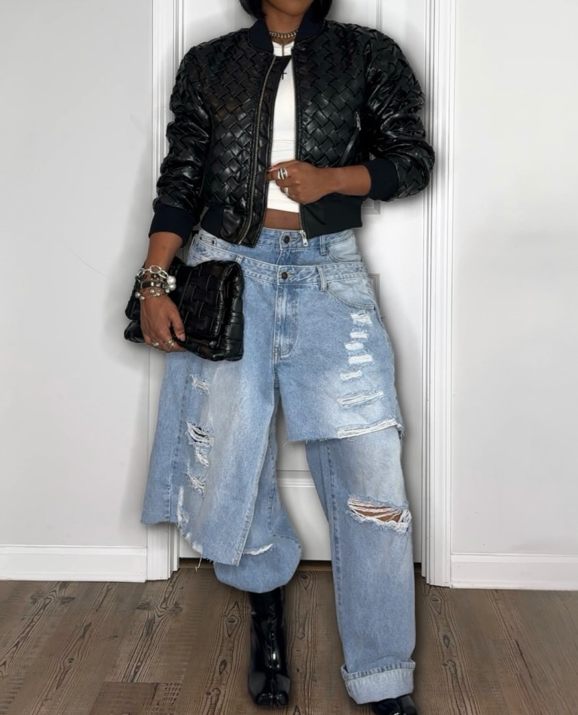 Woven leather jacket + patchwork jeans