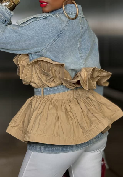 Contrast ruffled lace-up denim jacket