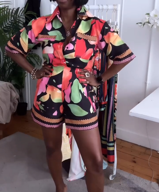Black floral short-sleeved shirt + shorts set