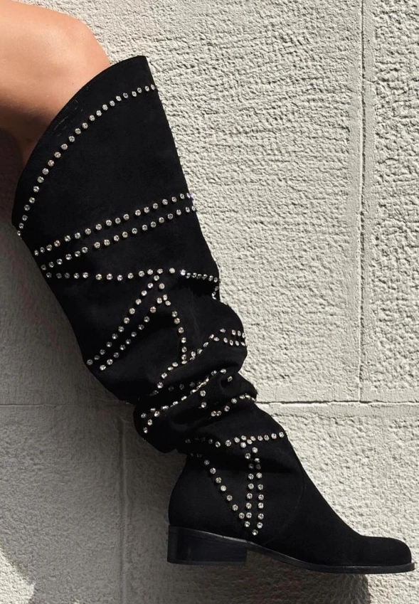 Black suede stone detail boots