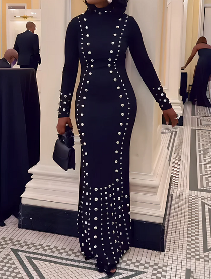 Ladies' elegant standing collar studded fish tail long skirt