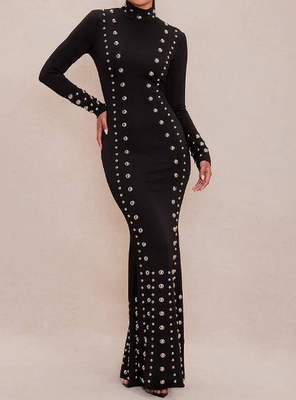 Ladies' elegant standing collar studded fish tail long skirt