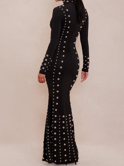 Ladies' elegant standing collar studded fish tail long skirt