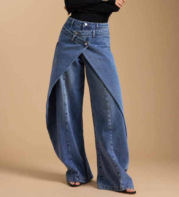 Asymmetrical Denim Jeans with Buttons