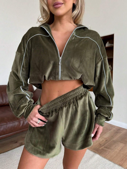 Velvet Zipper Slim-Fit Cardigan Sports Shorts Two-Piece Set