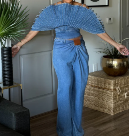 Denim Chic: A Bold Fusion of Fan-Inspired Top and High-Waisted Trousers