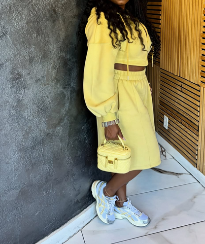 Chic Yellow Crop Hoodie & Bermuda Shorts Set