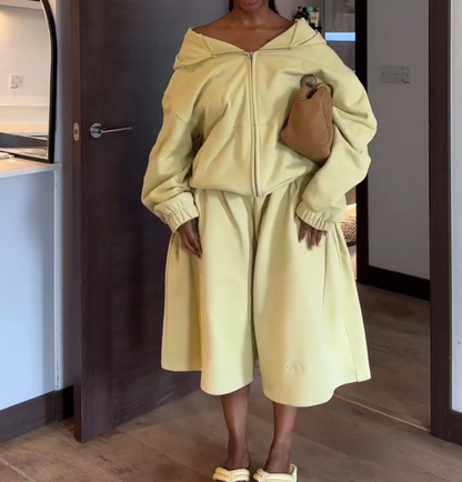 Zipper Hooded Sports Cardigan + Wide-Leg Pants Two-Piece Set