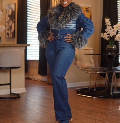 Fur collar denim jacket