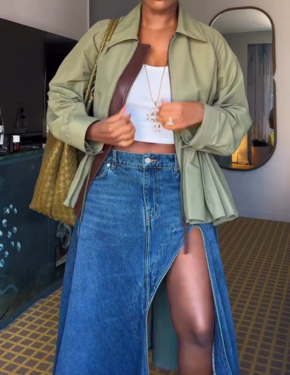 Waist-cinching jacket + denim skirt