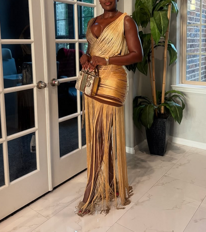 Gold Frinae Drane Maxi Dress