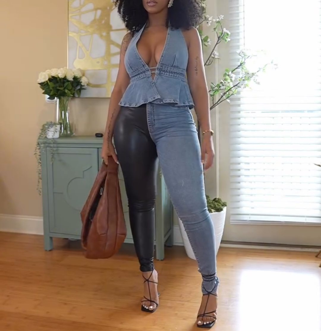 patchwork denim suit
