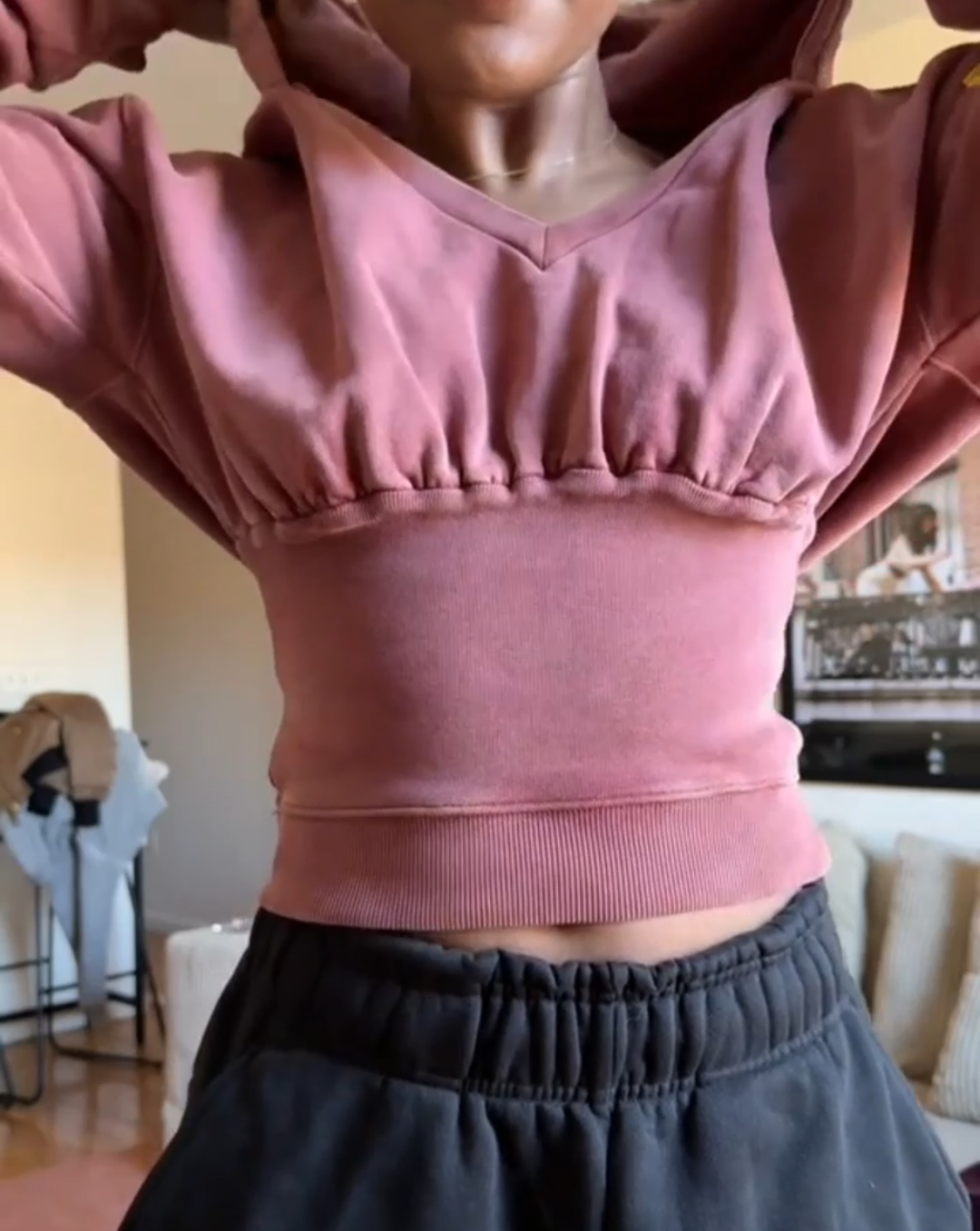 V-neck waisted hooded sweatshirt