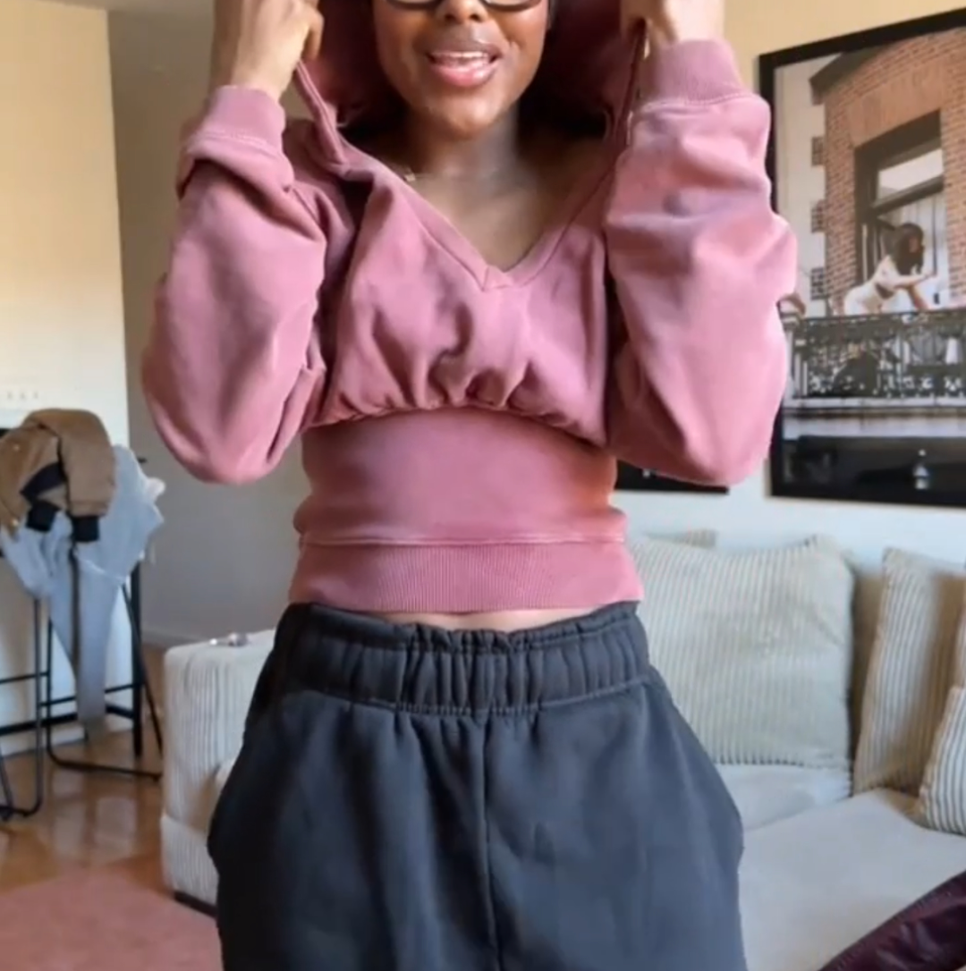 V-neck waisted hooded sweatshirt