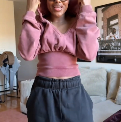 V-neck waisted hooded sweatshirt