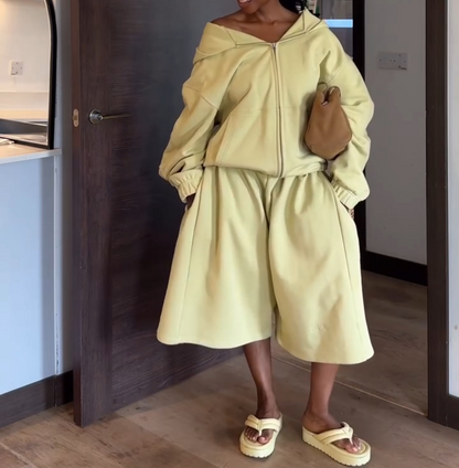 Zipper Hooded Sports Cardigan + Wide-Leg Pants Two-Piece Set