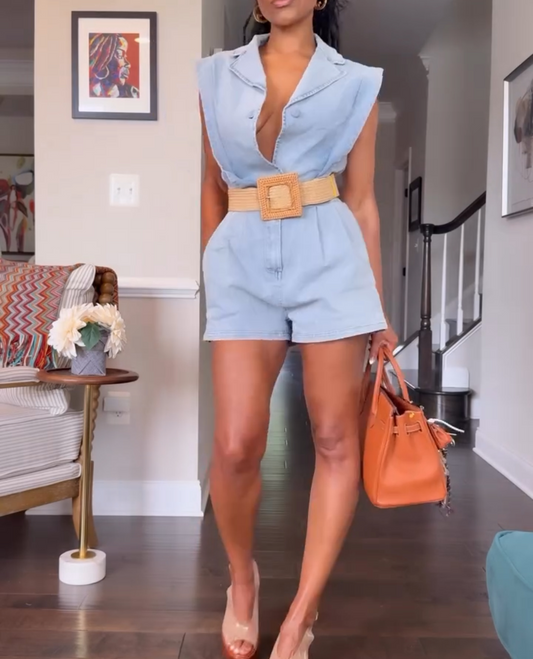 3D triangle design denim jumpsuit
