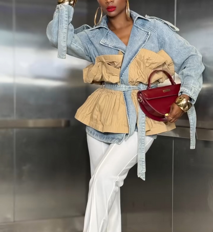 Contrast ruffled lace-up denim jacket