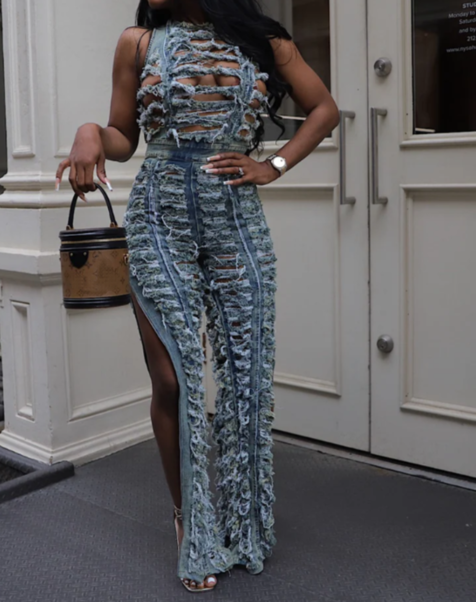 Denim-hole Split Jumpsuit
