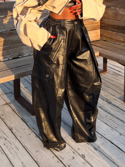 PU Wide-leg Leather Pants