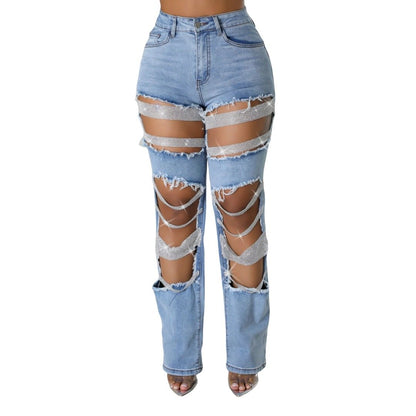 Ripped Heavy Beaded Stretch Jeans